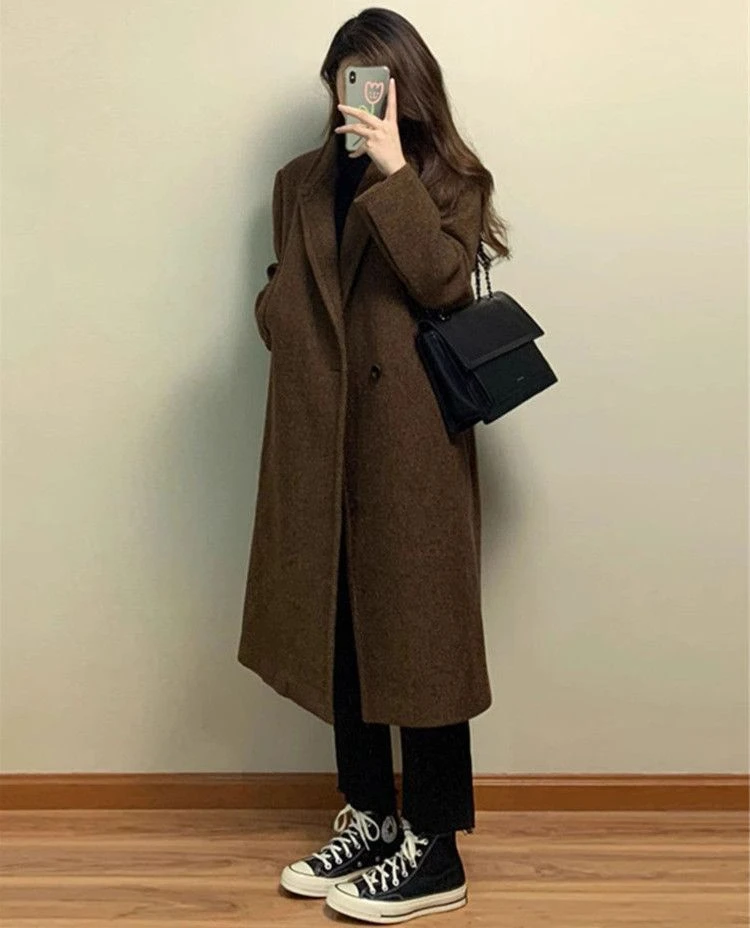 Korean Version Suit Collar Coffee Colored Woolen Coat for Women\'s Autumn and Winter New Thickened Knee Length Woolen Coat