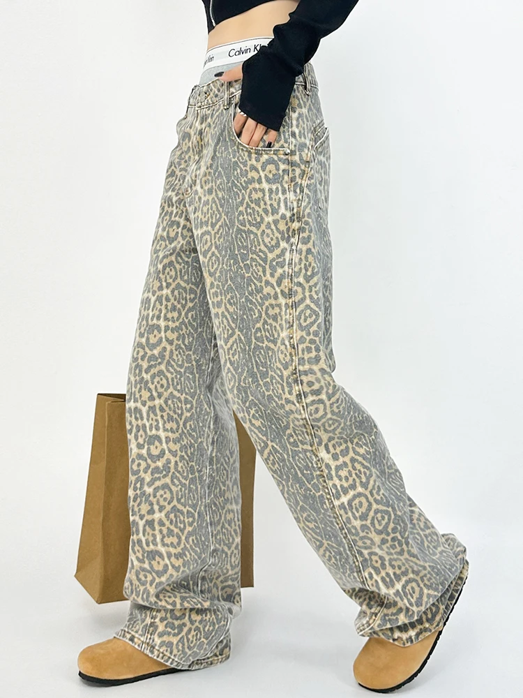 HOUZHOU-pantalones vaqueros con estampado de leopardo para mujer, pantalón holgado informal de pierna ancha, estilo Hip-hop, Grunge, Y2k