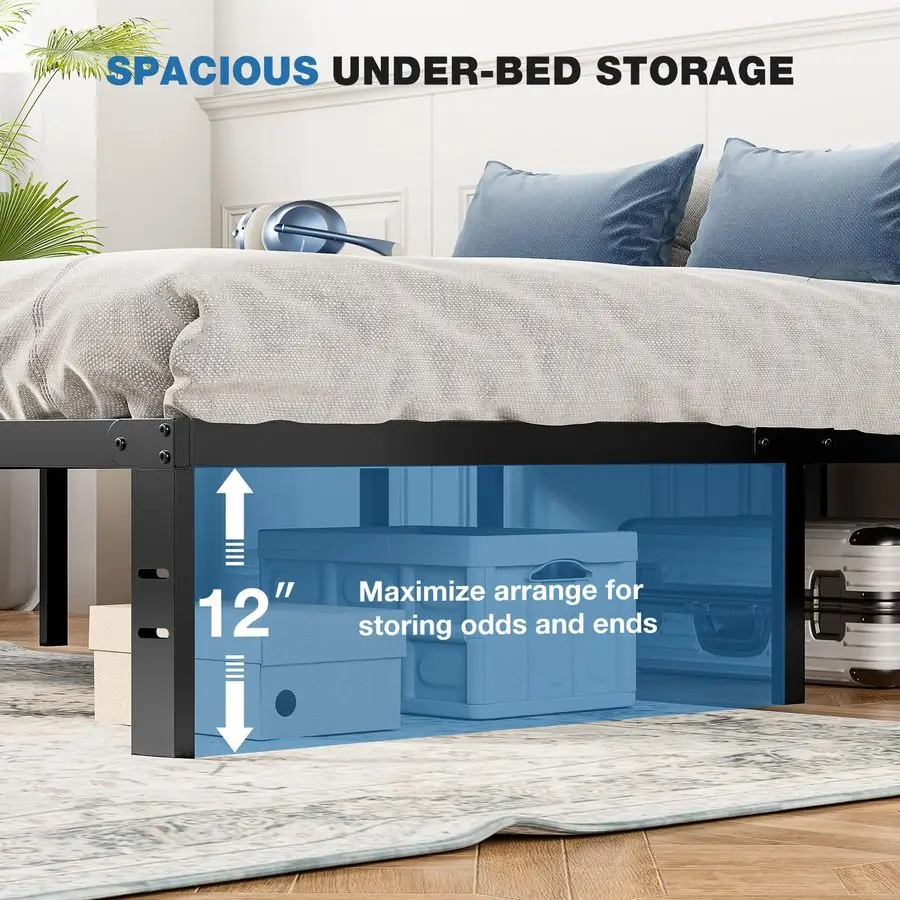 إطار سرير معدني كوين بارتفاع 14 بوصة مع مساحة تخزين، لا حاجة إلى صندوق زنبركي مع دعم شريحة فولاذية قوية، 2200 رطل للخدمة الشاقة