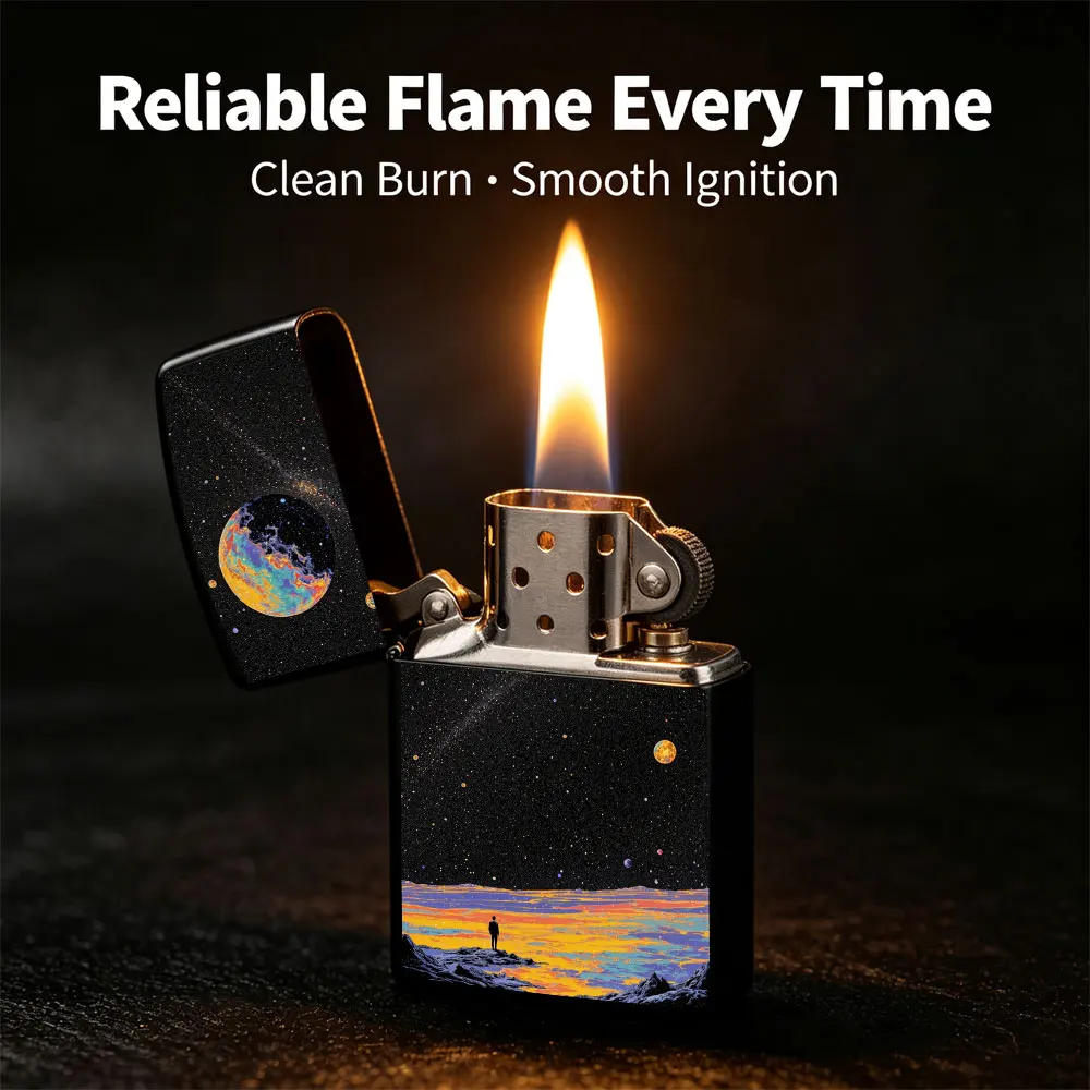 Pocket Lighter, Flip-Top Windproof Design, Metal Case with Artistic Painting of a Man Standing on a Rock Gazing at Planets, Ergonomic Grip, Portable & Durable
