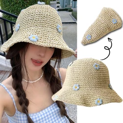 Bohemia Hollow Blue Flower Straw Caps for Women Summer Seaside Vacation Sun Protection Sun Hat Summer Sense Beach Bucket Hat