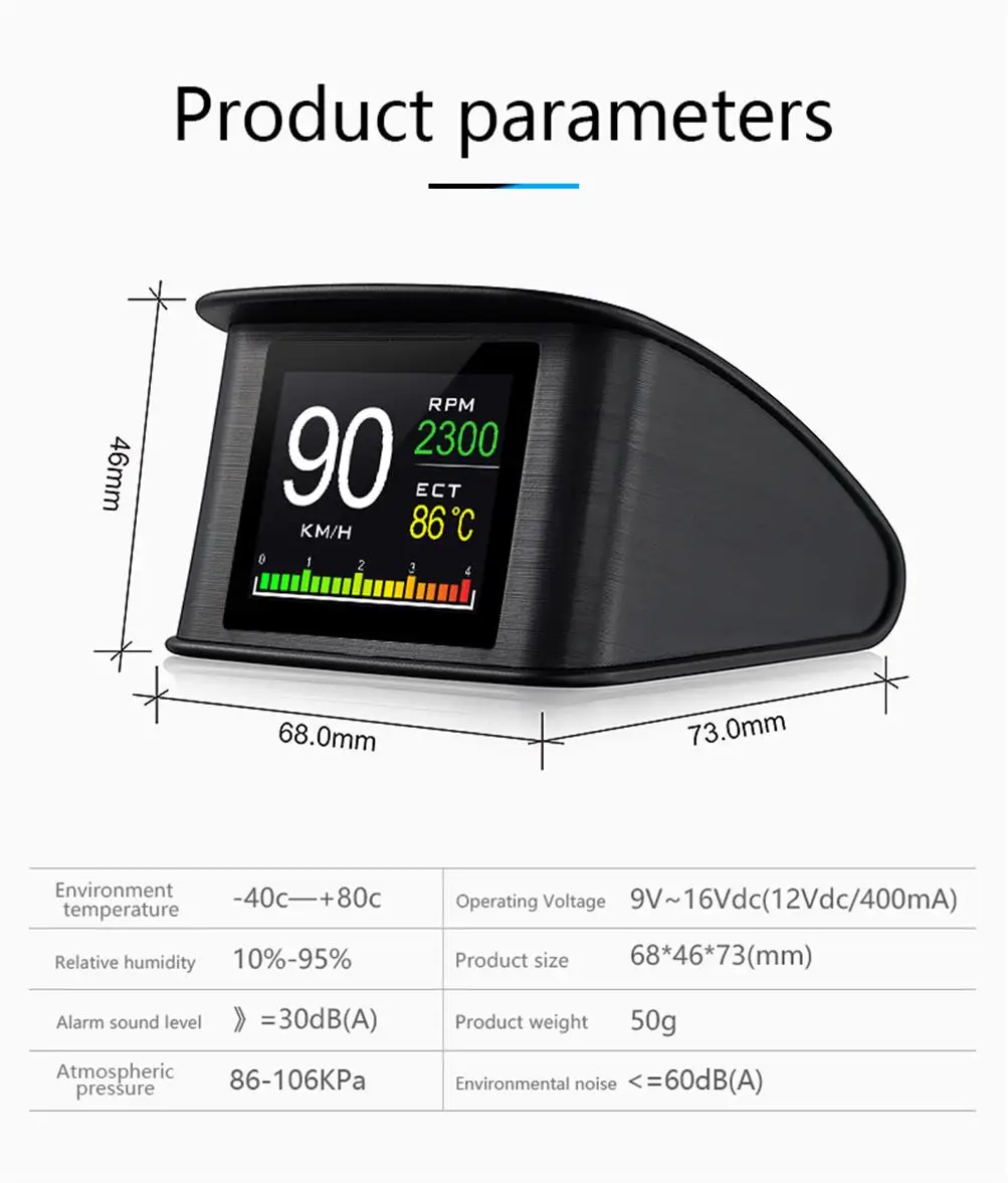 HUD P10 OBD2 Digital Car Head Up Display Speedometer Tachometer Battery Voltage Oil Pressure Coolant Temp Smart Car HUD Gauge