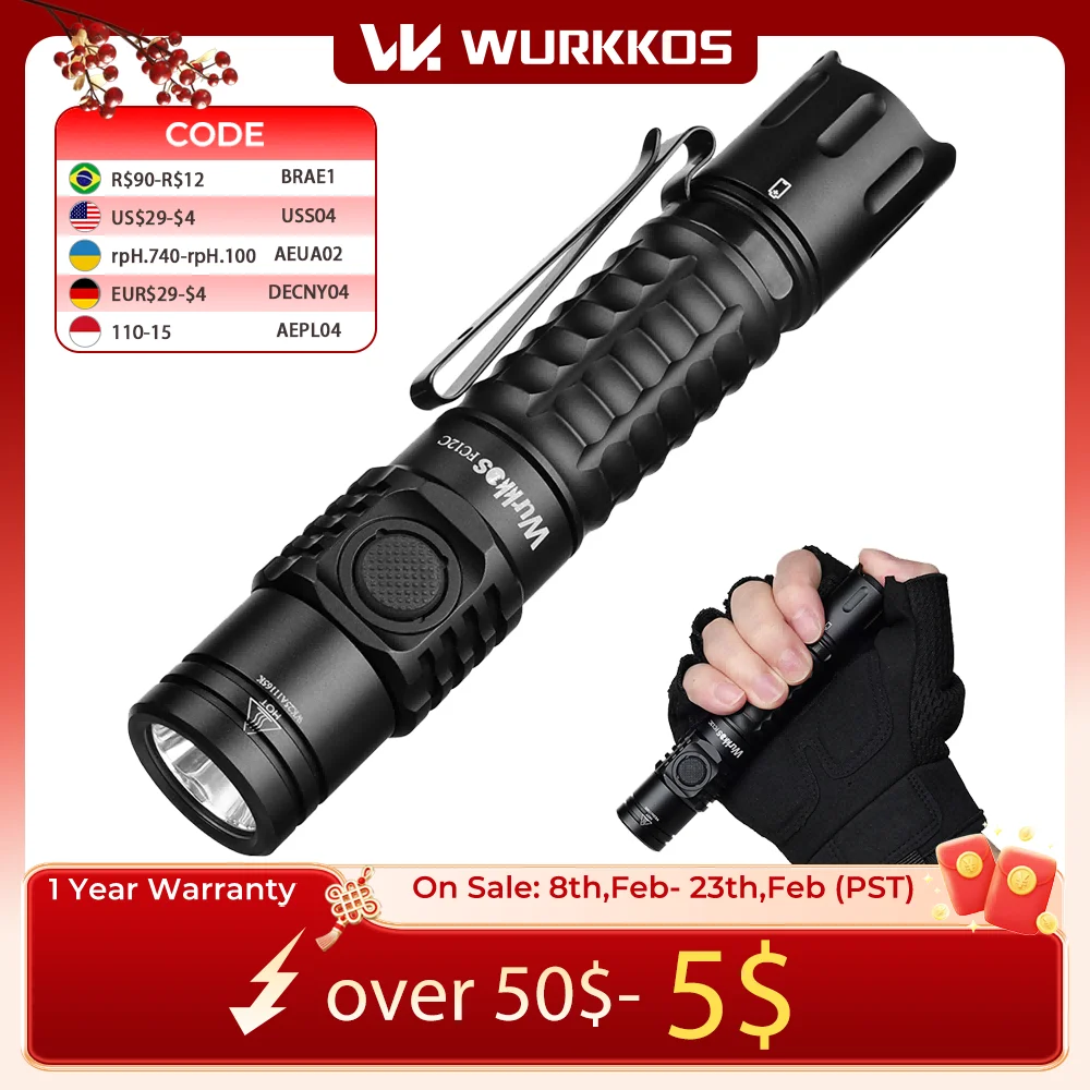 

Wurkkos FC12C Перезаряжаемые фонари USB-C Тактические фонарики SFT40 1600 с высоким люменом IP68 Водонепроницаемый EDC для экстренного и спасения