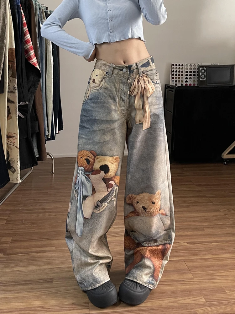 Sweet Cool Spicy American 3D Bear Print Loose Women's Jeans Straight Leg Wide Leg Pants High Waist Denim Fabric Wear Resistant