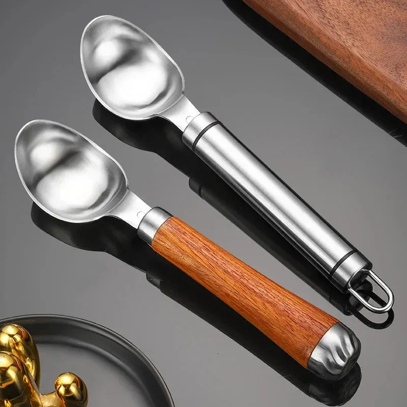 

Ложка для мороженого из нержавеющей стали с ручкой из грушевого дерева - утолщенная многофункциональная ложка для фруктов, кухонный инструмент