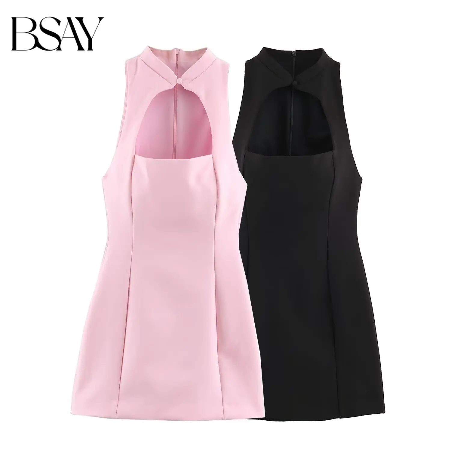 BSAY Modisches Sommerkleid mit Neckholder für Damen, Stehkragen, ärmellos, figurbetontes Minikleid, schickes Abend- und Partykleid