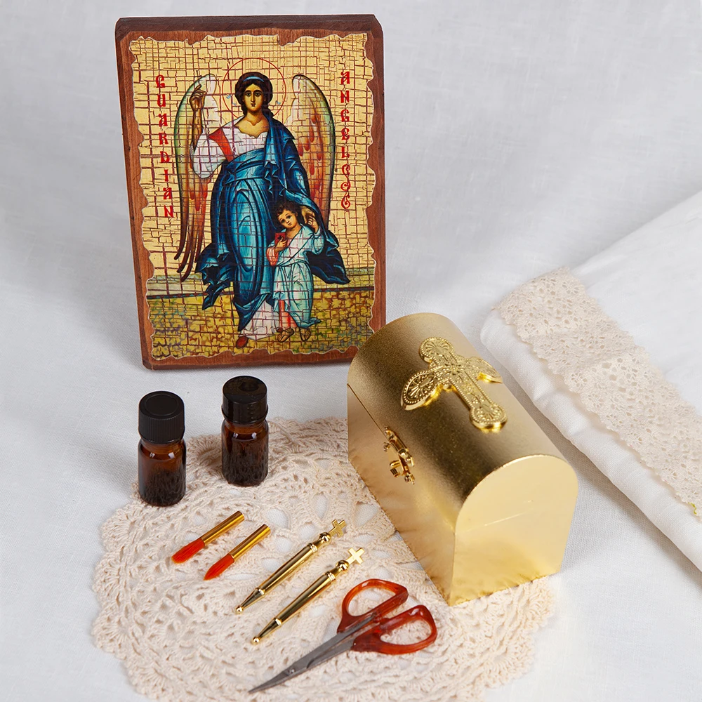 New Orthodox Guardian Angel Icon Kit Wooden Religious Gift Box Prayer Oil Bottles Cross Church Devotional Ceremony Supplies