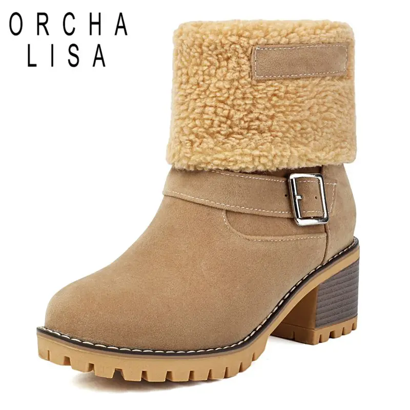 

ORCHA LISA Fashion shoes 2025 Women's Mid Calf Boots Round Toe 5.5cm Block Heel Slip On Belt Buckle Size 41-43 Leisure Daily