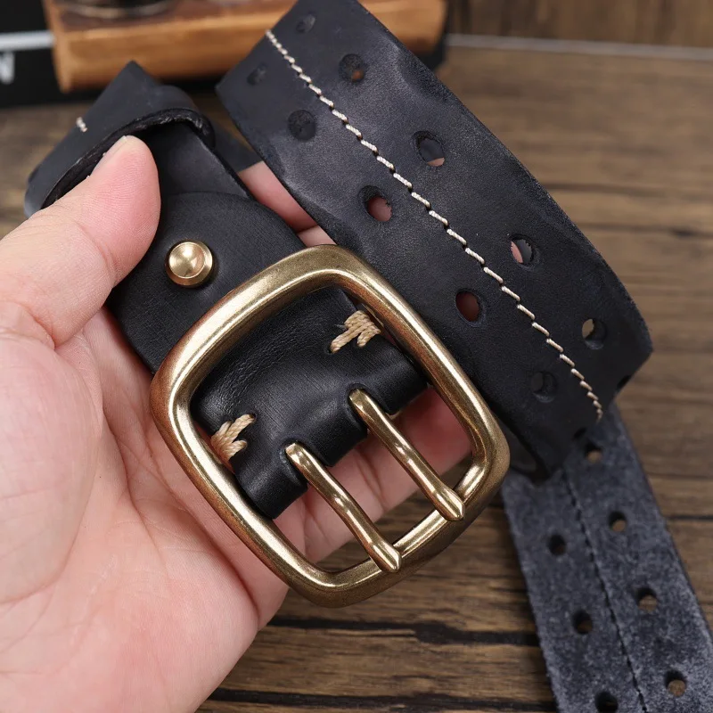 Retro personality youth belt double needle copper buckle men's genuine leather belt first layer cowhide stitching outdoor men's