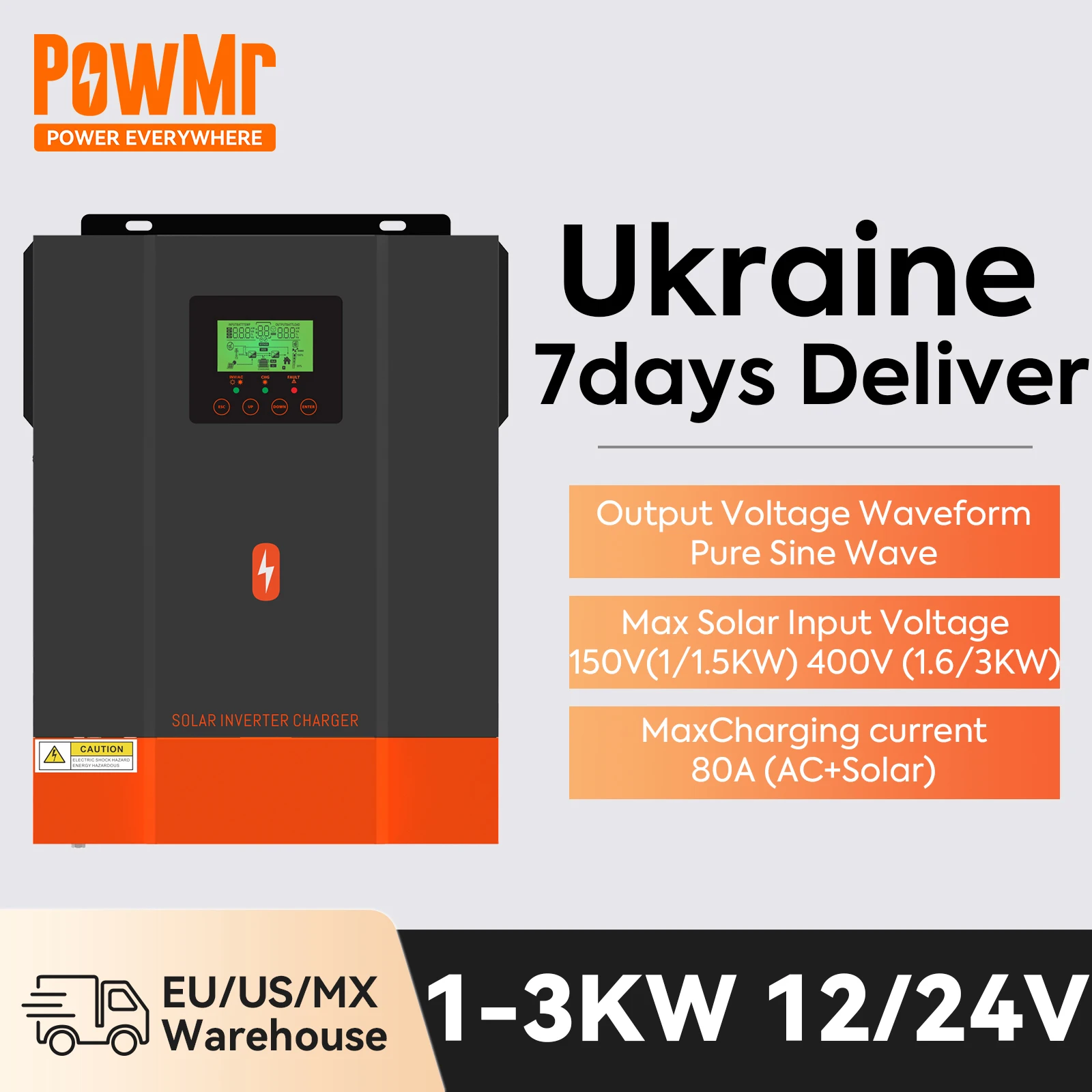 PowMr 12V 24V MPPT Solar Inverter Hybrid 3KW 1.6KW 1KW 80A Off Grid Solar Pure Sine Wave Inverter 220V 230V Max PV Power 2KW 3KW