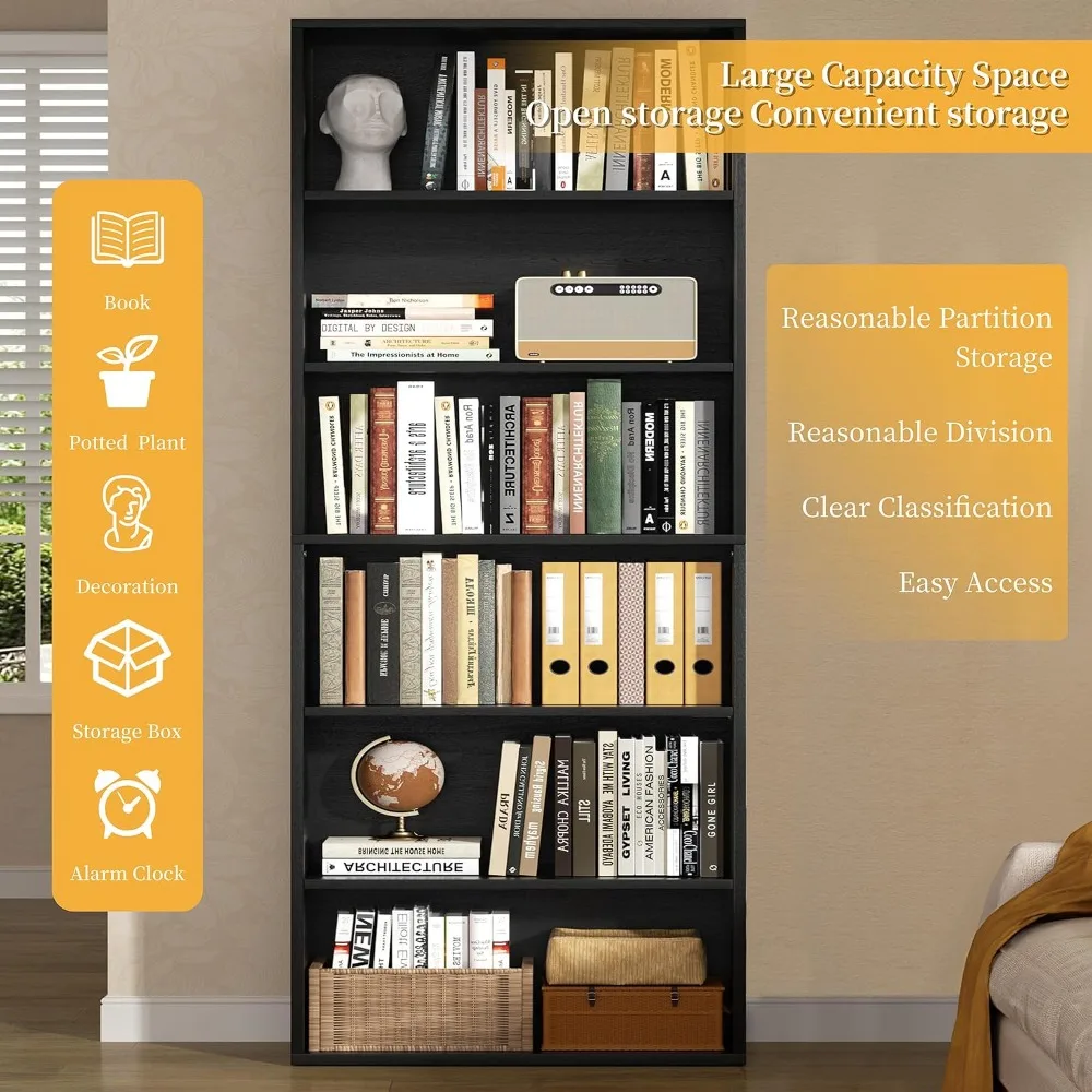 6-Tier Open Bookcase, 70.6" Tall Display Shelves, Floor Standing Storage for Home Office, Living Room (Black) view 5