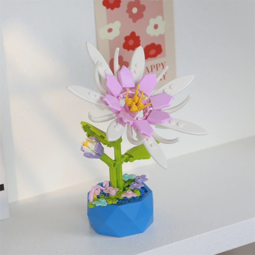 Buket Kreativitas Kota Bunga Abadi Tanaman Sukulen Pot Mawar Bunga Matahari Rakitan Blok Bangunan Mainan Bata untuk Anak-anak