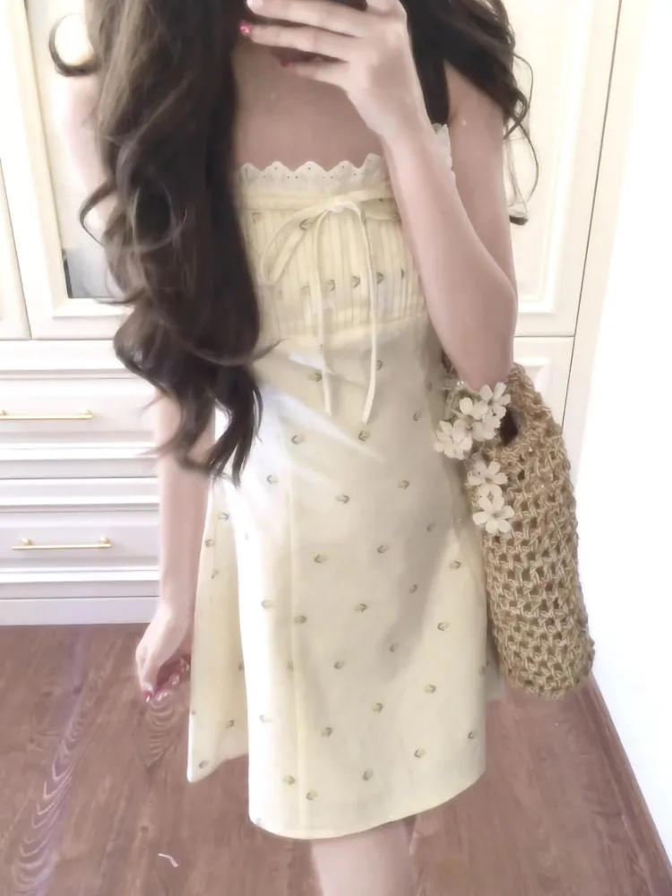 2026 Summer Floral Print Sweet Short Dress Women Elegant Slim Sleeveless Dress Sexy French Style Fashion Outfits Petite Female