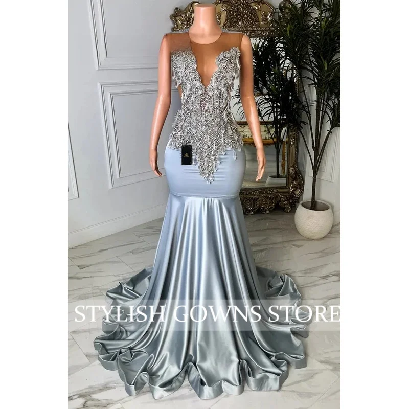 

Stylish Silvery Crystal Beading Prom Dress Beaded Rhinestones Shinning Queen Black Girls Formal Dress Evening Gown Customized