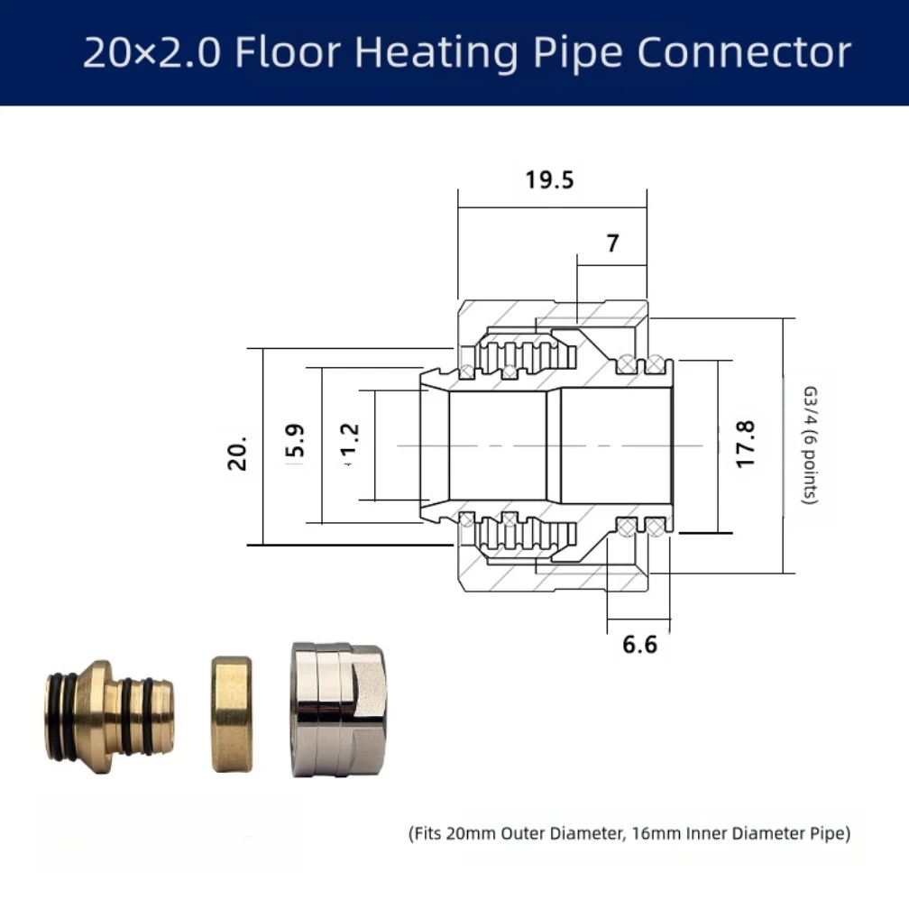 1PCS Copper Floor Heating Manifold Connector Large Flow Floor Heating Manifold Adapter 16mm/20mm Underfloor Heating Pipe Joint