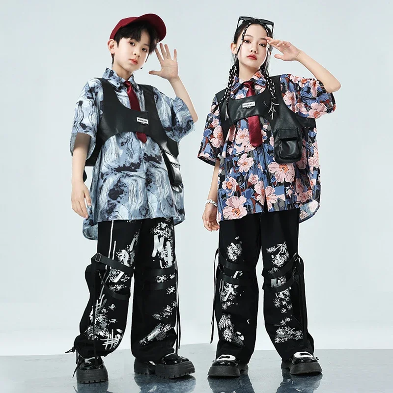 

Jazz Dance Clothing Kids Hip Hop Dancing Performance Outfit Printed Shirt Black Shuffle Pants Street Dancewear