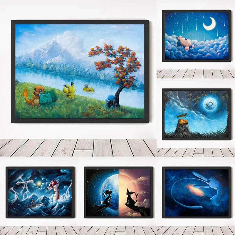 

Abstract Pokemon Canvas Painting Pikachu Charmander Mewtwo Snorlax Poster Living Room Decor Wall Art Prints Mural