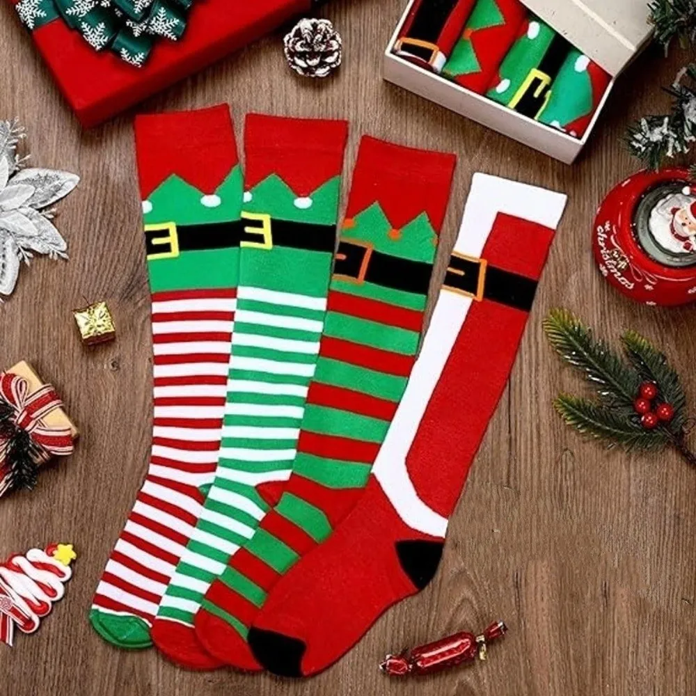Soft Warm Striped Knee High Socks Holiday Xmas Gifts Knee High Stockings Performance Stretchy Christmas Santa Stockings Cosplay