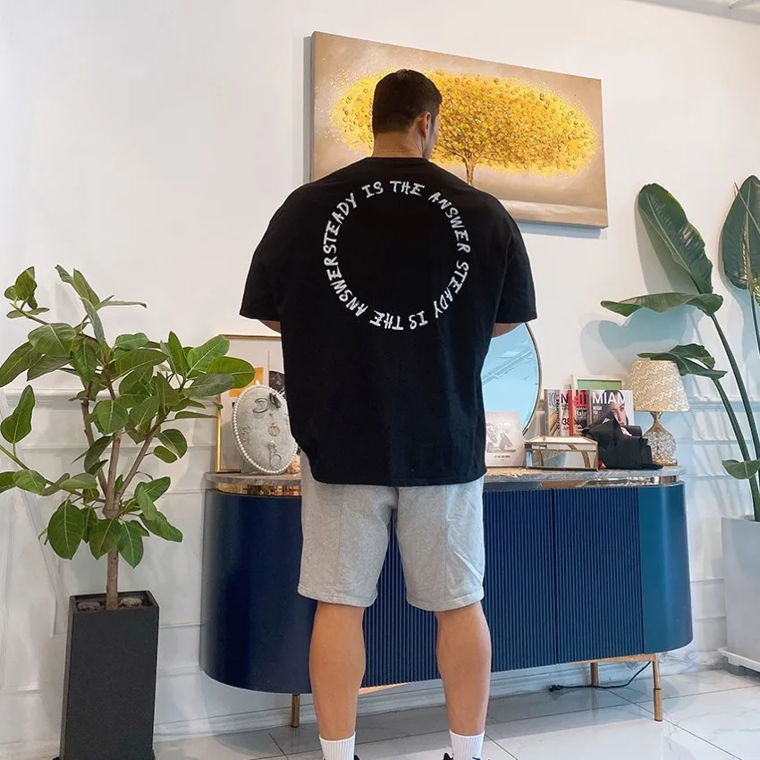 2022 New Men Loose Oversized Fitness T Shirt Fashion Black Yellow Tshirt Summer Gym Short Sleeve Cotton Casual Top Clothing