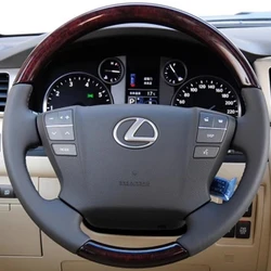 Dla Lexus LX570 2009-2013 Akcesoria samochodowe Ręcznie szyte brzoskwiniowe drewno czarne Oryginalna skórzana osłona kierownicy samochodu