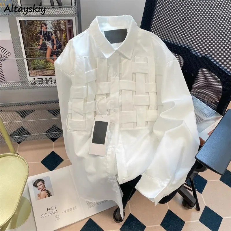 Shirts Women Spliced High Street American Style Ins Ulzzang Spring Solid All-match Loose Fit Chic Casual College Unisex Fashion