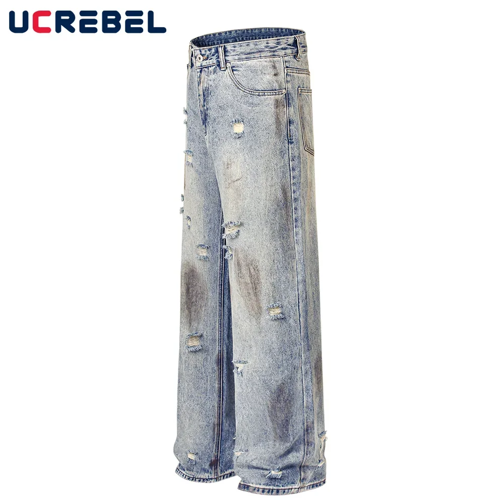 Ripped Beggar Jeans Mens High Street Washed Distressed Loose Wide leg Pocket Dirty wash Denim Pants Men