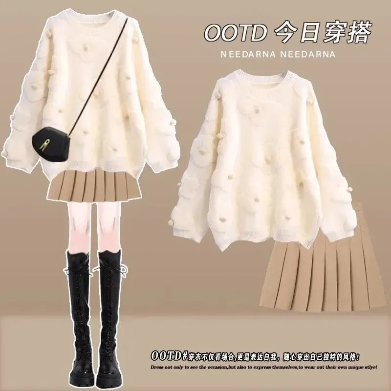 

Дофамин, осенне-зимний новый вязаный костюм-свитер, короткая юбка, корейская плиссированная юбка, комплект из двух предметов