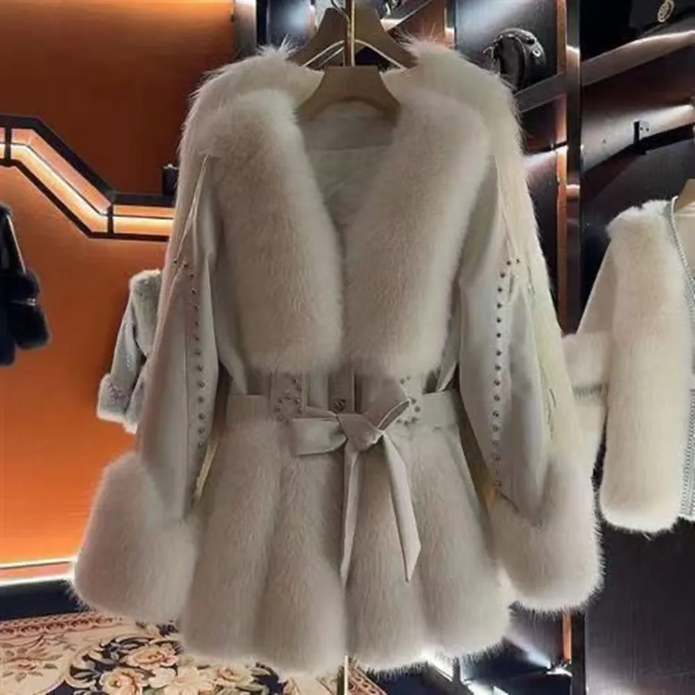 Faux Fur Coat for Women, Adjustable Waist PU Jackets,Single Breasted Overcoat,Fur Collar,Spliced, Female Clothes, Winter,New