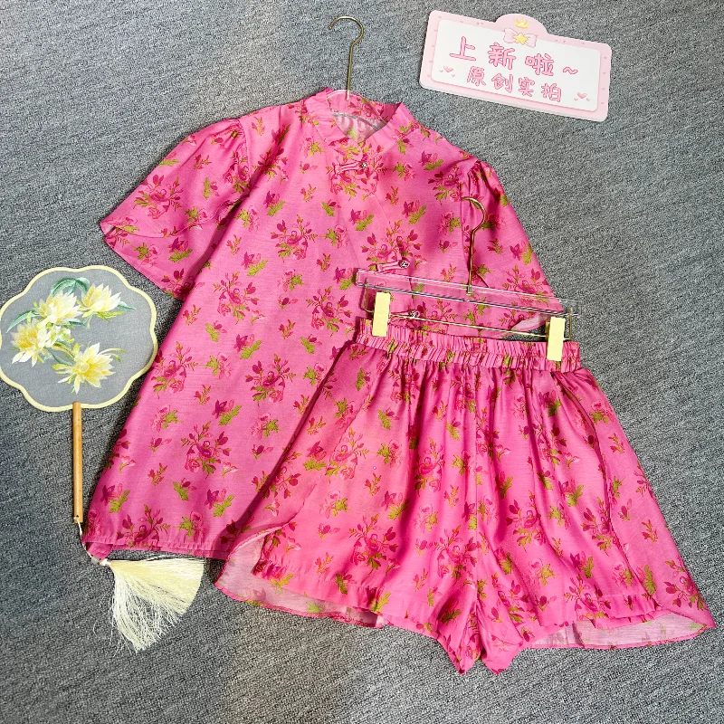 

Chinese Styles Women Two-piece Sets Frog Stand Collar Floral Short Sleeve Shirt Pink Top + Wide Leg Elastic Waist Shorts Suits