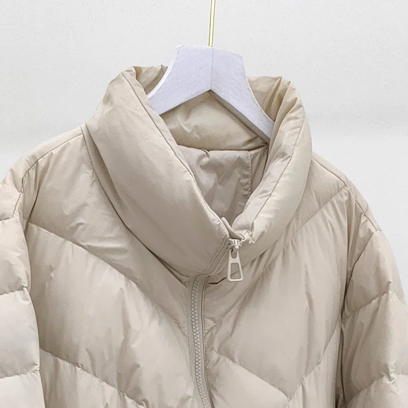 Schinteon 여성용 초경량 화이트 덕 다운 재킷, 스탠드 칼라 러플 패치워크 아웃웨어, 가을 겨울 패션 코트, 2023 신상