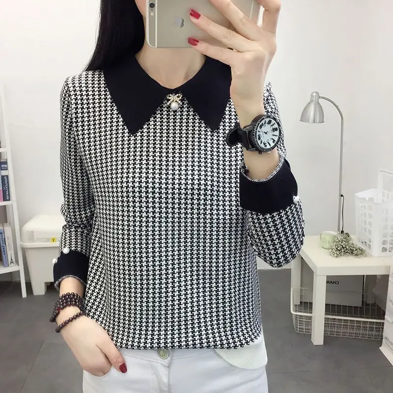 Houndstooth sweater rajut Korea, pakaian wanita sweater rajut, kerah Turn-down Korea, jumper longgar kasual dasar musim gugur musim dingin