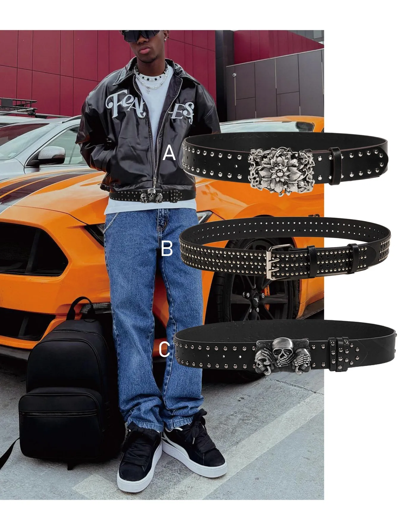 1pc men's black punk street y2k rock dark style skull flower rivet belt jeans versatile decorative belt