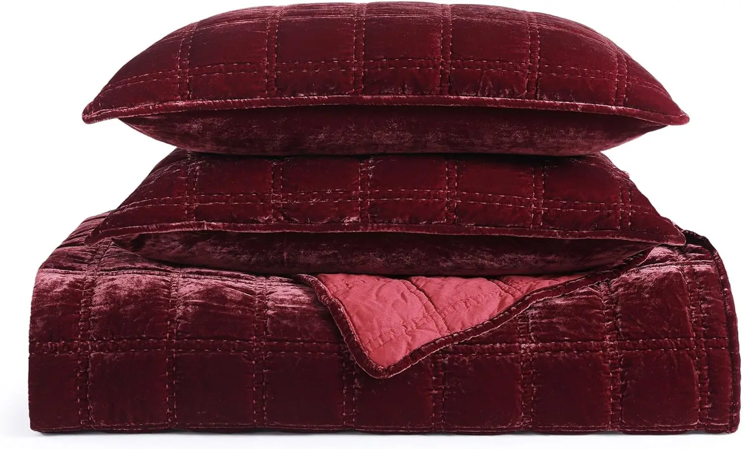 Hiend Accent Stella Faux Silk Velvet Double Box Stitch 3 Piece Quilt Set, Full Queen Size, Garnet Red Solid Color, Classic Chic