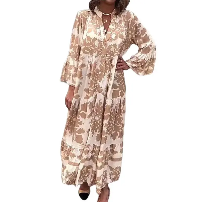 ABRT-Women's Elegant Stand Collar Trumpet Sleeve Printed Fashion Layered Three-Quarter Sleeve Maxi Dress Khaki L