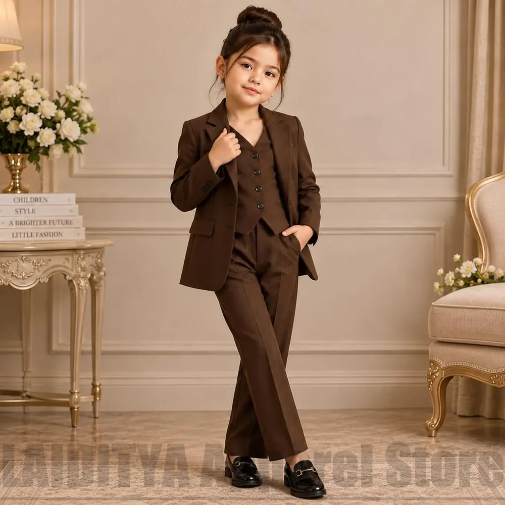 Chic Girls 3 Piece Suit Blazer Vest Pants Kids Formal Outfit Set Fashion Elegant Wedding Birthday Party Graduation Tuxedo