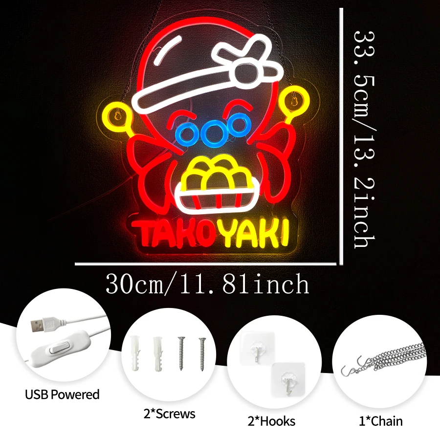 Takoyaki Neon Sign for Wall Decor,LED Open Neon Light for Japanese Street Food Shop,Kitchen,Restaurant,Sushi Bar Decoration view 2