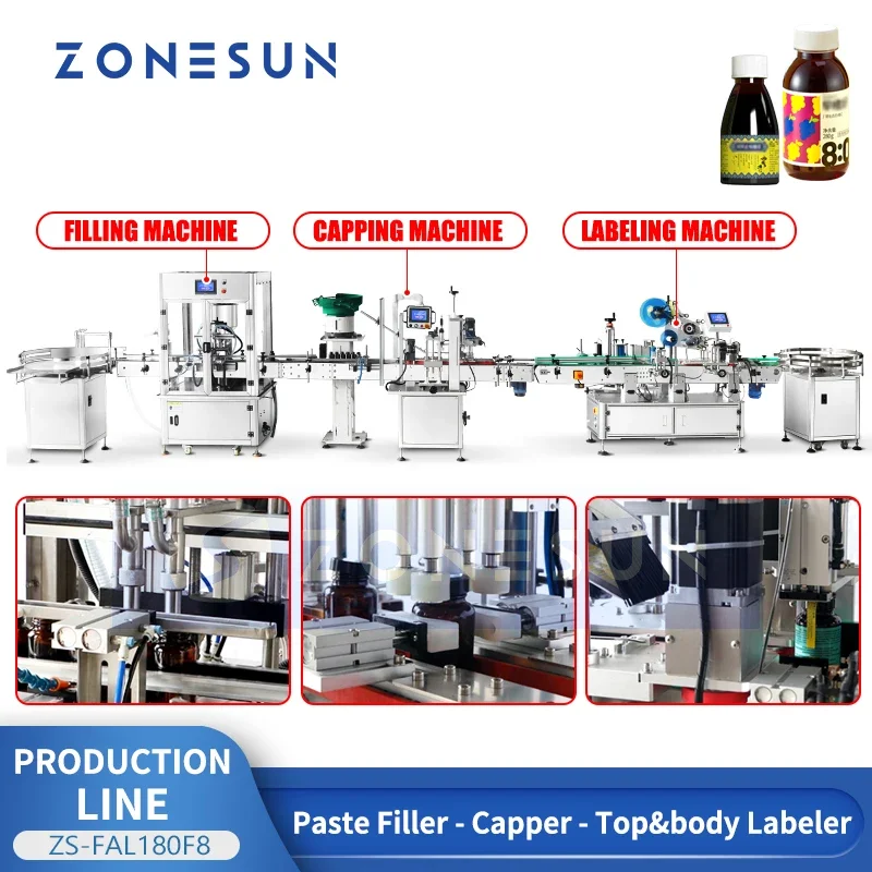 Zonesun Honey Bottling Line Honey Packaging Line Syrup Packing Machine Filling Capping and Labeling Machine ZS-FAL180F8