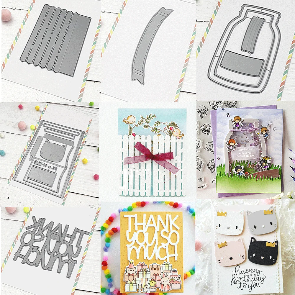 Matrices de découpe métalliques pour scrapbooking, motifs chat, animal, anniversaire, mots de remerciement, pour gaufrage, cartes, albums, décoration artisanale, temporaire