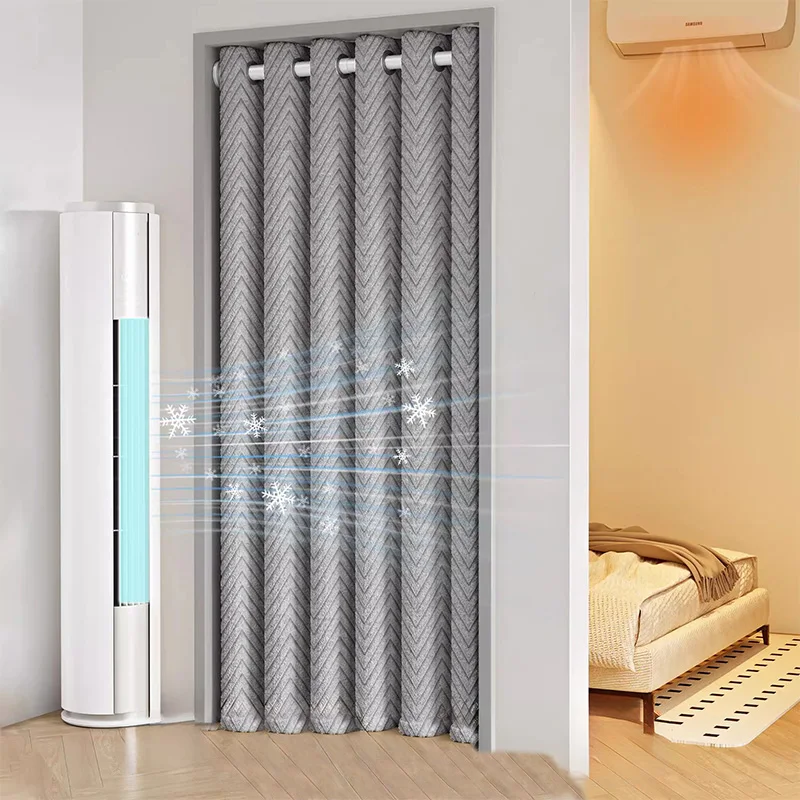 Insulated Door Curtain with Grey Chevron Design, Thermal Barrier Curtain for Room Separation, Reduces AC Heating Costs, Soundpro