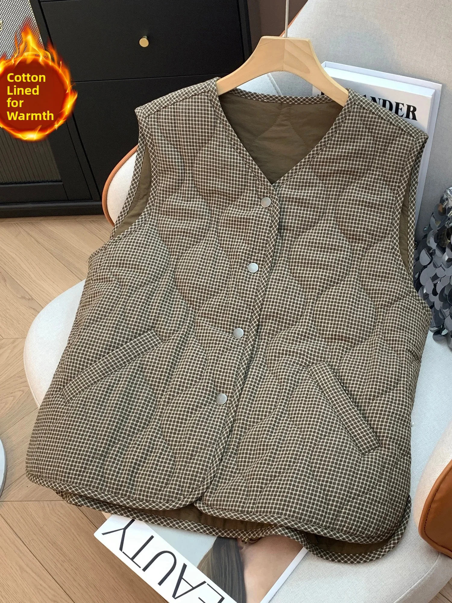 Retro Fashion Thin Plaid Cotton Vest Jacket Women's Winter Inner Cotton Layered Wear Small Size Vest Coat Warmth