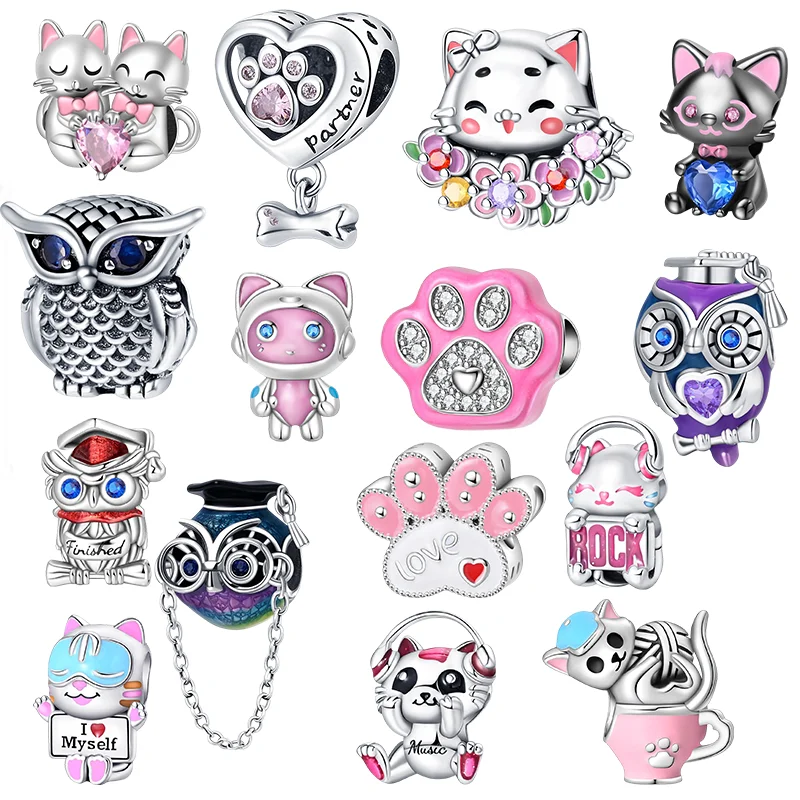 

925 silver charm pendant featuring cute pet cat, owl beads and zirconia - DIY exquisite bracelet accessory