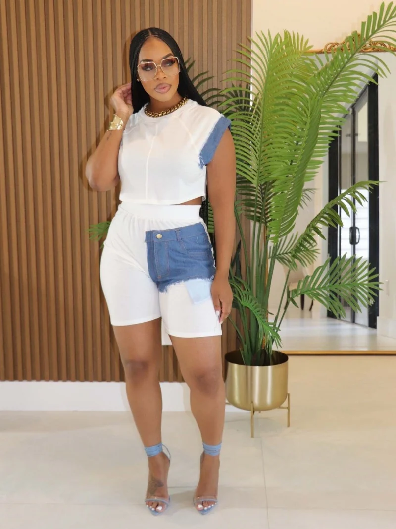 

Streetwear Denim Patchwork 2 Piece Sets Women Outfit Summer Clothes Women T-Shirt Top and Shorts Sets Casual Tracksuit Woman Set