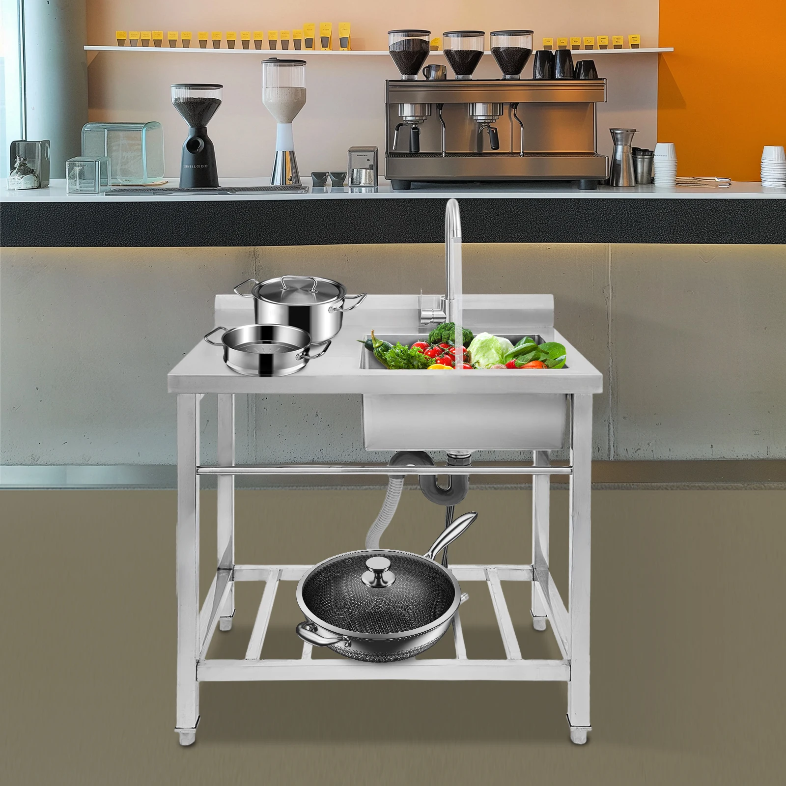 Évier de cuisine autoportant grande capacité à cuve unique, évier de cuisine commercial en acier inoxydable 201 pour restaurant, avec rotation à 360° °   Robinet pivotant