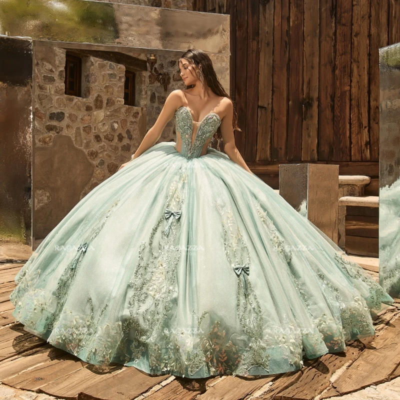 

Green Shiny Quinceanera Dresses Ball Gown Off The Shoulder Applique Lace Beading Crystal Bow Tull Corset Party Birthday Sweet 16
