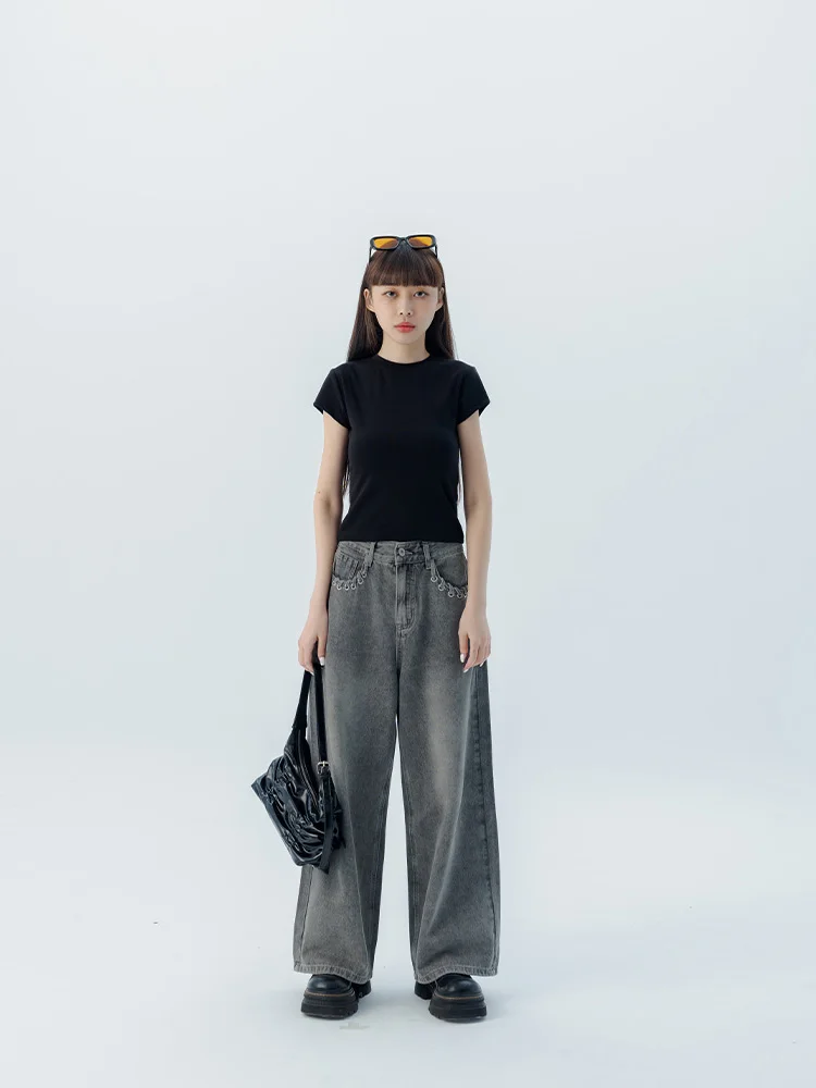 

QUEENOP Spring Summer New Women's Jeans Knitted ket Design Waed Cotton Straight Leg Casual Trousers for Young Ladies