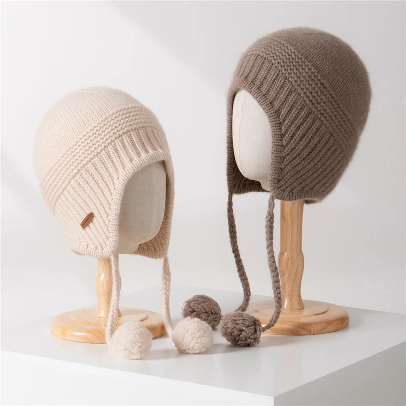 

Winter New 100% Pure Cashmere Thickened Knitted Velvet Ball Tassel Hat Outdoor Warm Solid Color Windproof Ear Protection Hat