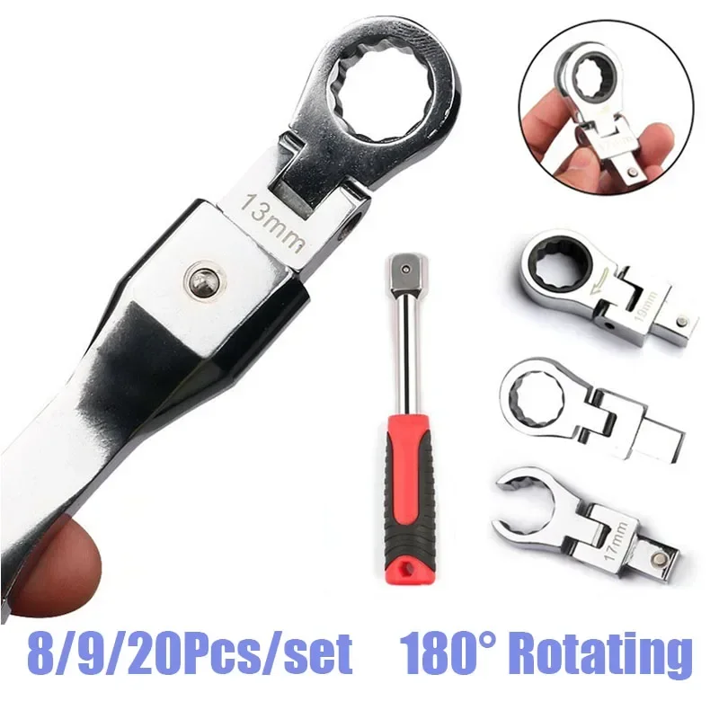 Portable Ratchet Wrench 8/9/20 Pcs Shaking Head Interchangeable Combination Set Rotatable 180 °Removable Flexible Torque Spanner