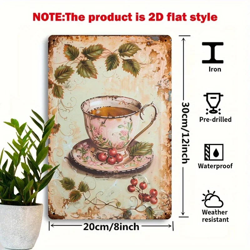 لوحة فنية جدارية معدنية لشاي التوت العتيق، 20.32 × 30.48 سم - ديكور حديد ريفي مع كوب زهور وتصميم التوت، مثالية للمطابخ، P