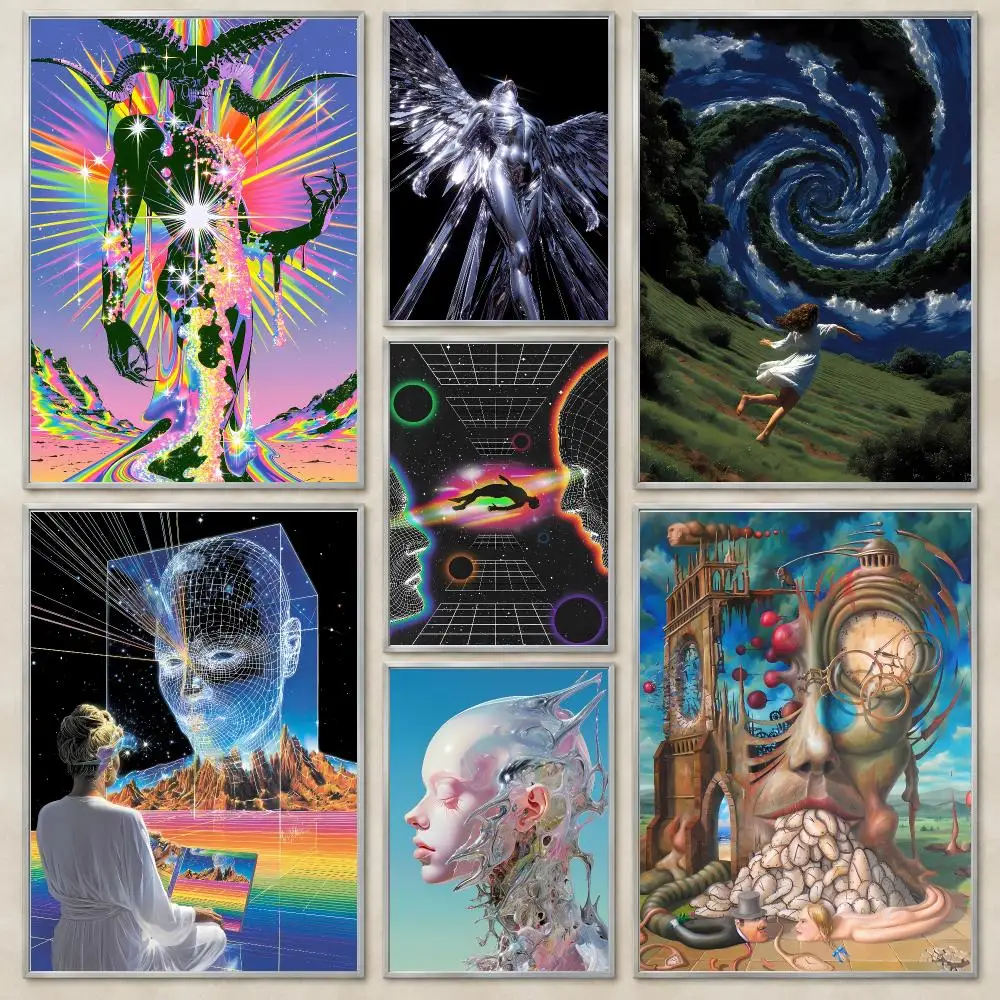 Psychedelic Metallic Humanoid Chrome Cosmic Space Poster Self-Adhesive Wall Art HD Print For Dorm Teen Room Decor Gift
