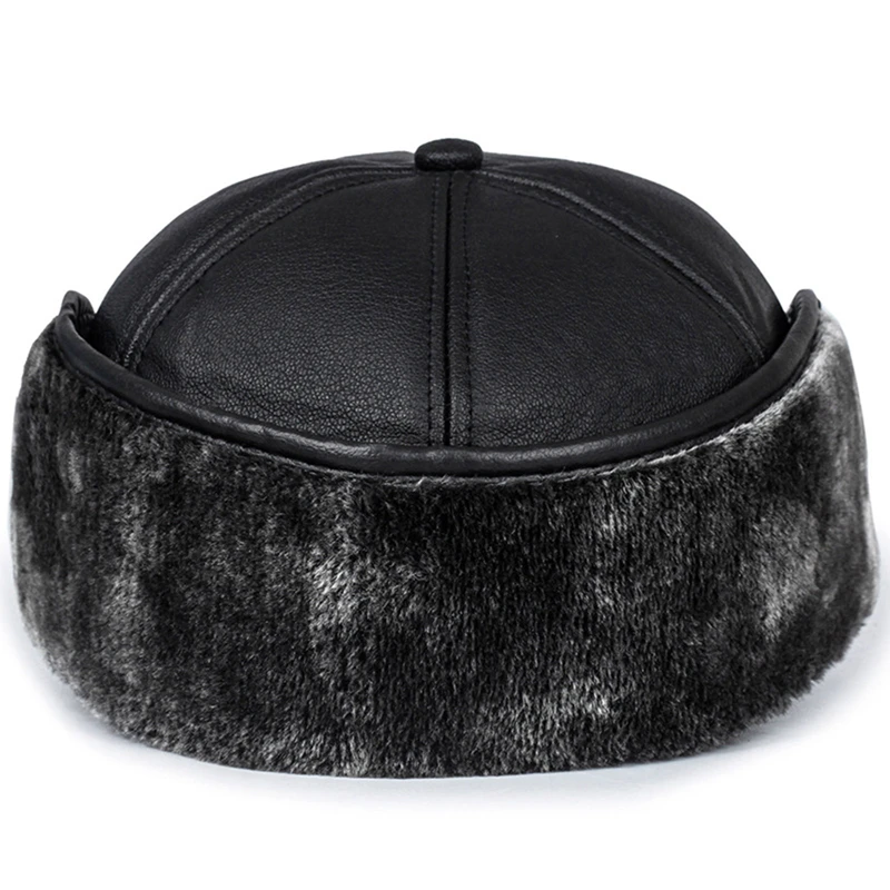 Winter Leather Bomber Hats Men Plush Snapback Hat Father Fishing Casquette with Earflaps Thicken Fur Warm Visors Caps Black